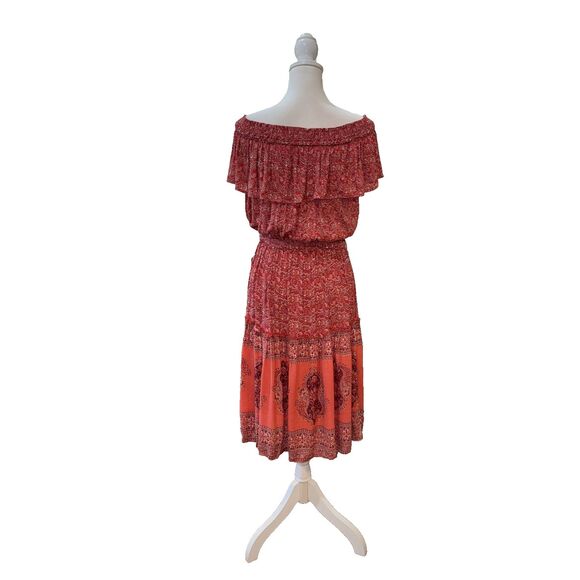 Nostalgia Red Orange Paisley Off Shoulder Dress Boho Ruffle Belted Midi L NWT - Picture 5 of 13
